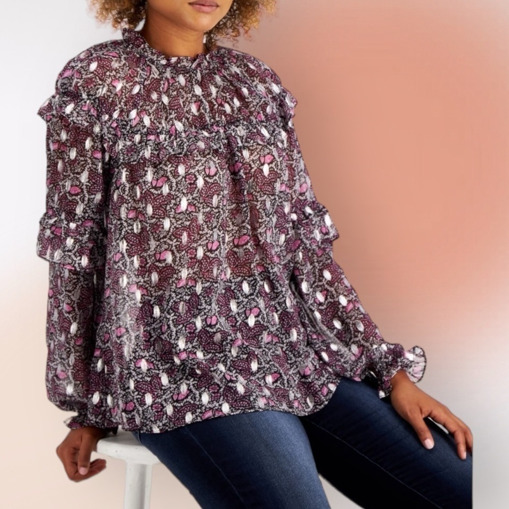 INC Black Pink and Silver Ruffled Long Sleeve Peasant Blouse Size L